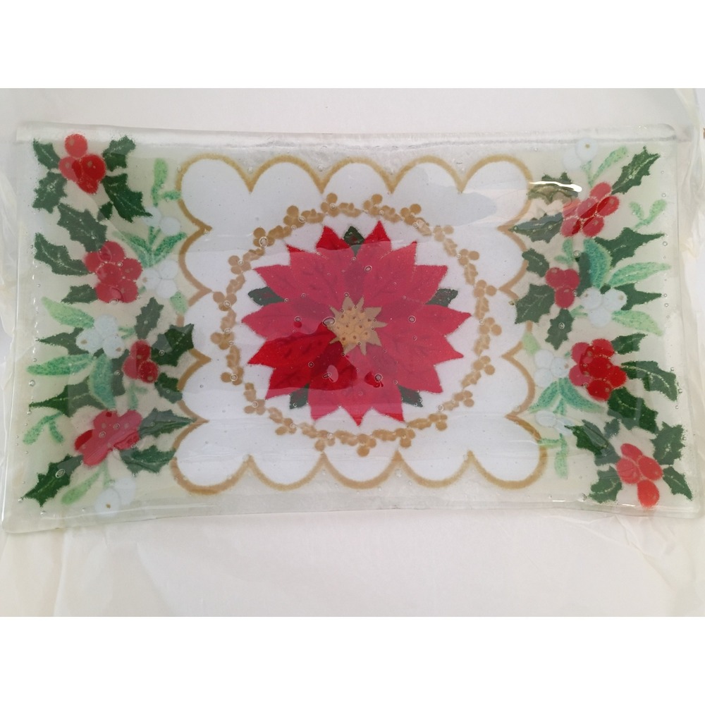 Peggy Karr Fused Glass Poinsettia Rectangular Tray Christmas Holly 9.5x5.5 NIB